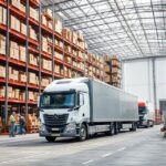 Delivery trucks departing FLEX Fulfillment center for fast European shipping