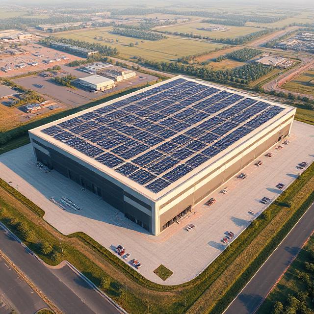 Aerial view of large modern fulfilment warehouse with solar panels, representing sustainable and scalable omni-channel logistics.