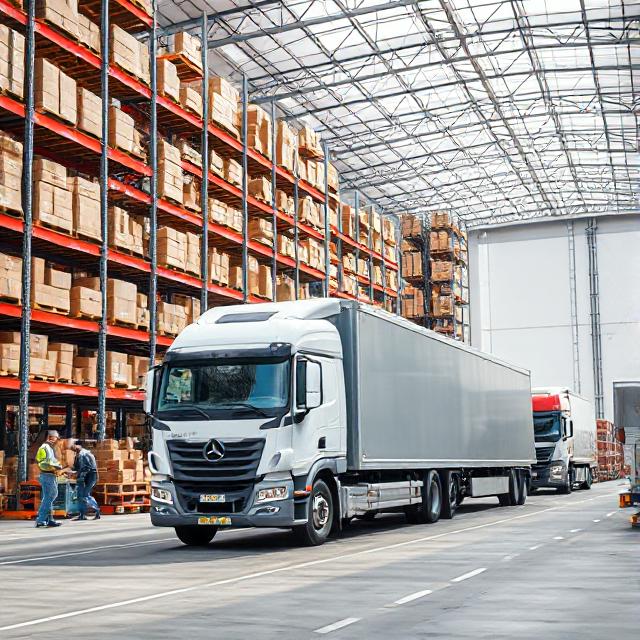 Delivery trucks departing FLEX Fulfillment center for fast European shipping