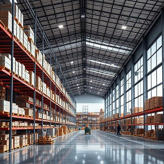 A modern European warehouse with automated shelving and workers managing inventory efficiently