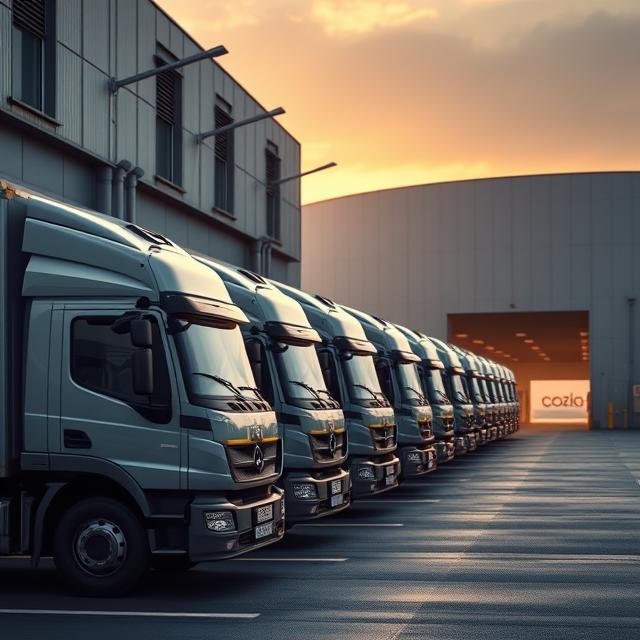 Delivery trucks lined up outside a European fulfillment hub ready for cross-border shipping