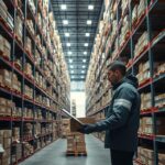 Warehouse worker scanning packages in a modern European fulfillment center with shelves stacked high with e-commerce products