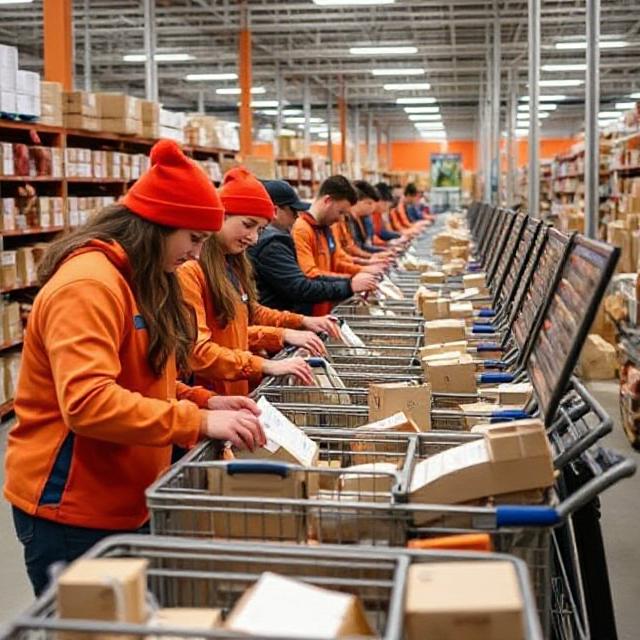 Team carefully organizing high-volume orders on carts for timely shipping during Cyber Monday and holiday sales.