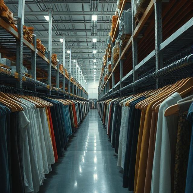 Rows of neatly arranged clothing racks in a temperature-controlled warehouse