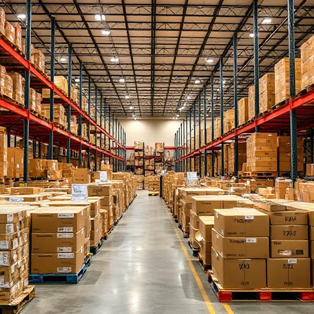 Warehouse interior with rows of pallets and boxes prepped for Q4 shipping spikes, showing operational scale.