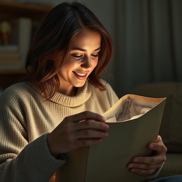 Customer opening a neatly packaged clothing order at home with excitement