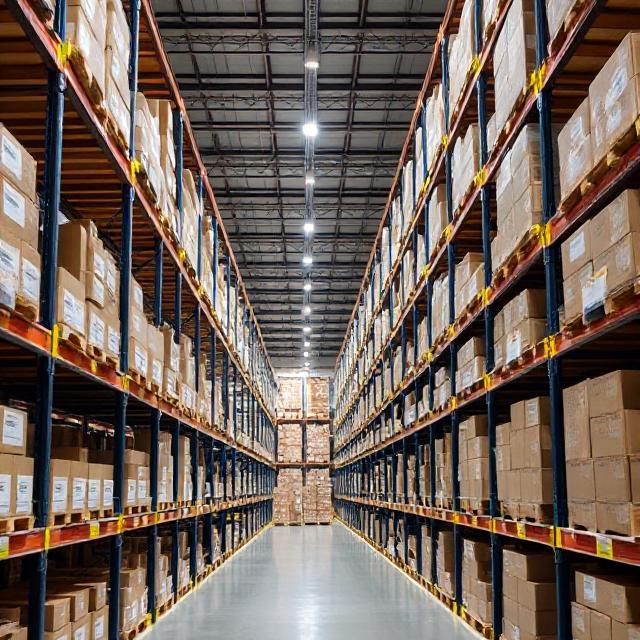 Interior view of a Flex Fulfillment warehouse in Germany with organized shelves and inventory for European e-commerce shipping