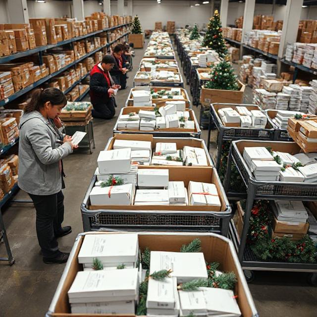High-angle shot of employees sorting holiday orders on carts with small pine or ribbon decorations.