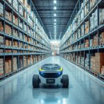 Autonomous mobile robots navigating a modern warehouse aisle filled with shelves of e‑commerce products