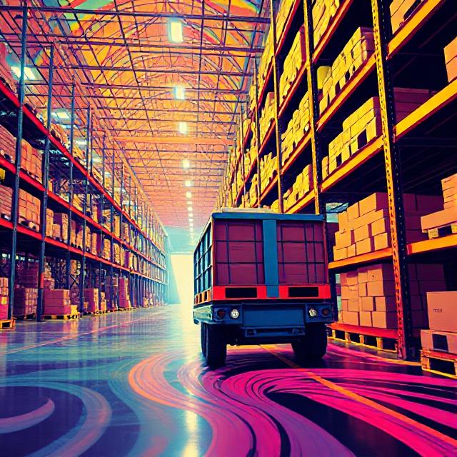 Close-up of an AMR transporting a bin of goods across a spacious, well-lit fulfillment center