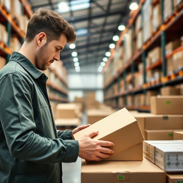 “E-commerce retailer preparing eco-friendly orders in a modern European fulfillment warehouse.