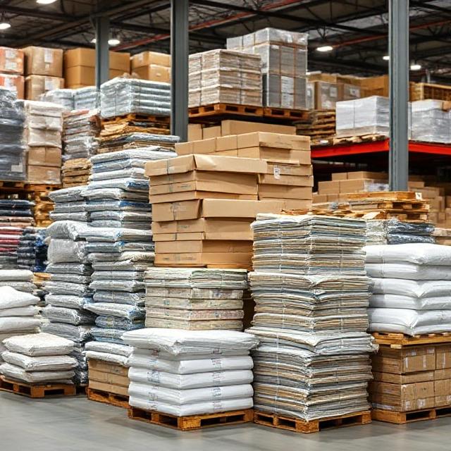 Stacks of boxes ready for shipping with diverse packaging materials in a busy European warehouse