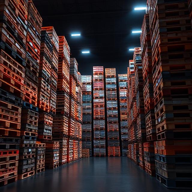 Stacked inventory pallets in a brightly lit, organised warehouse
