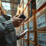 Close-up of warehouse staff scanning barcode labels on packages with handheld device, representing real-time inventory management.
