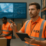 FLEX logistics employees wearing orange vests with black FLEX logo using a tablet and laptop in a modern warehouse, monitoring real-time supply chain data on digital screens.