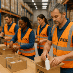 FLEX. employees preparing e-commerce orders inside a Central European warehouse.