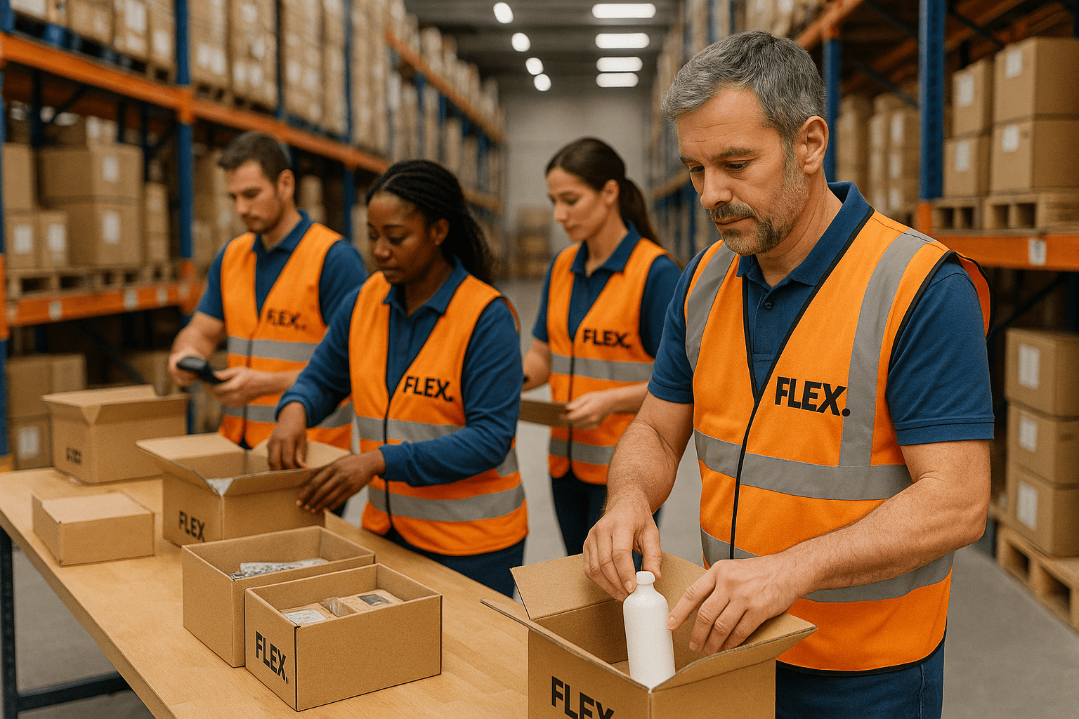 FLEX. employees preparing e-commerce orders inside a Central European warehouse.