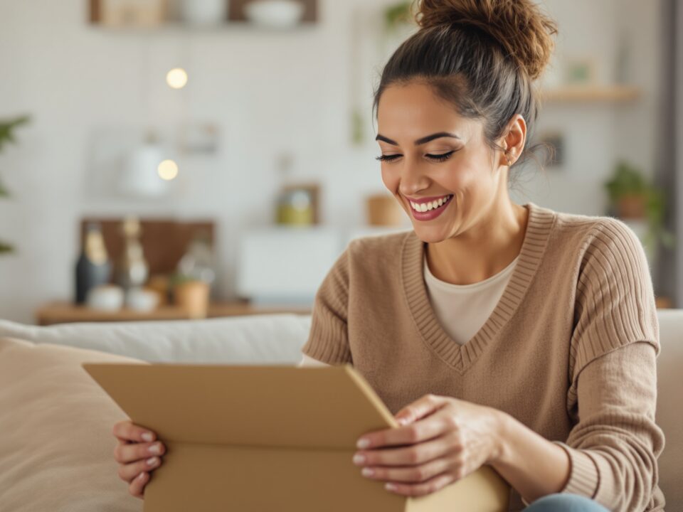 Happy customer receiving a package at home, illustrating fast and reliable delivery from a local 3PL in Europe.