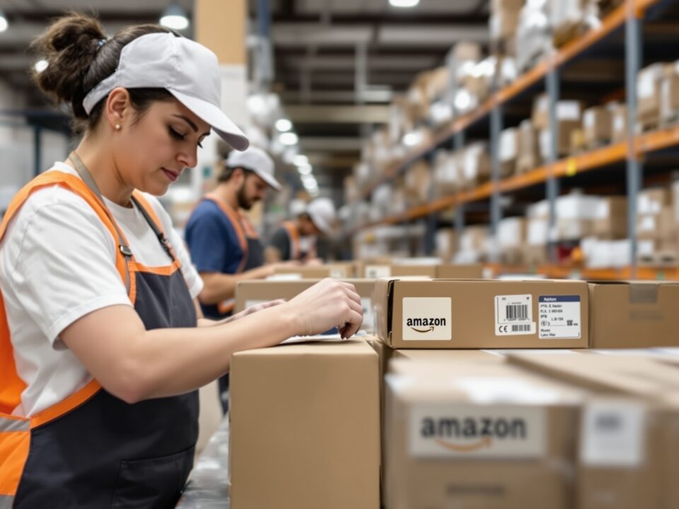 Flex Fulfillment team preparing and labeling products for Amazon FBA to meet marketplace requirements.