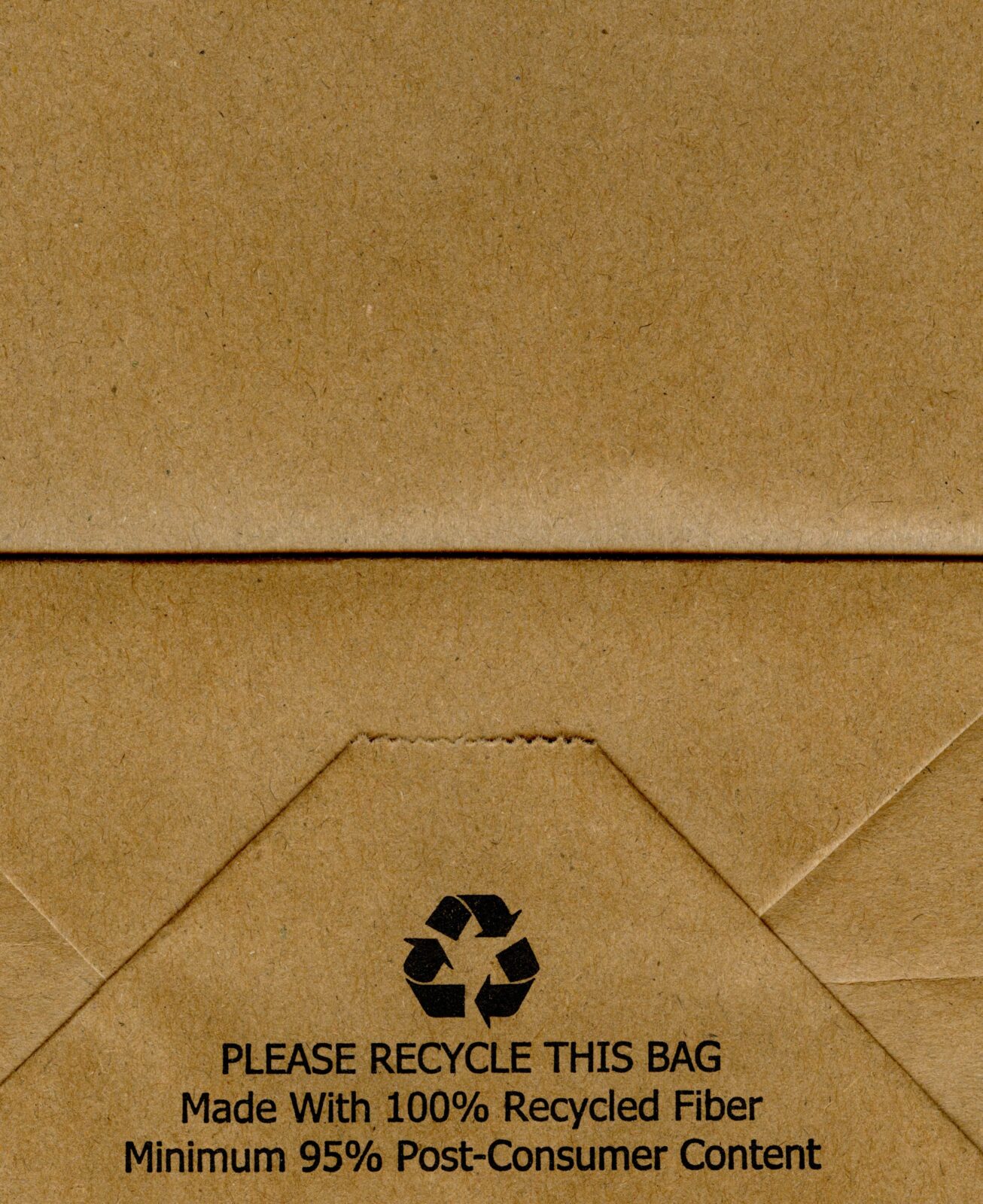 Brown paper bag with a recycling symbol and text urging recycling. It highlights 100% recycled fiber and 95% post-consumer content. Eco-friendly emphasis.