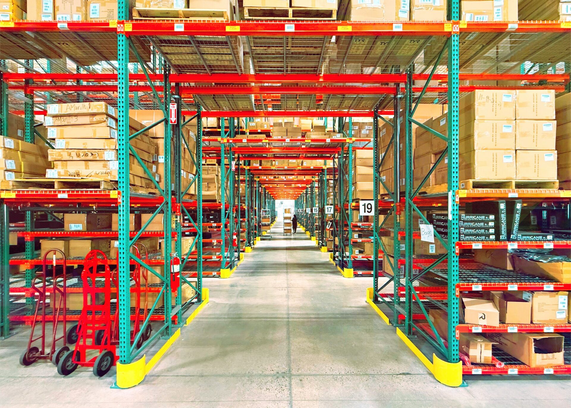 Warehouse shelves fully stocked with e-commerce products for inventory management