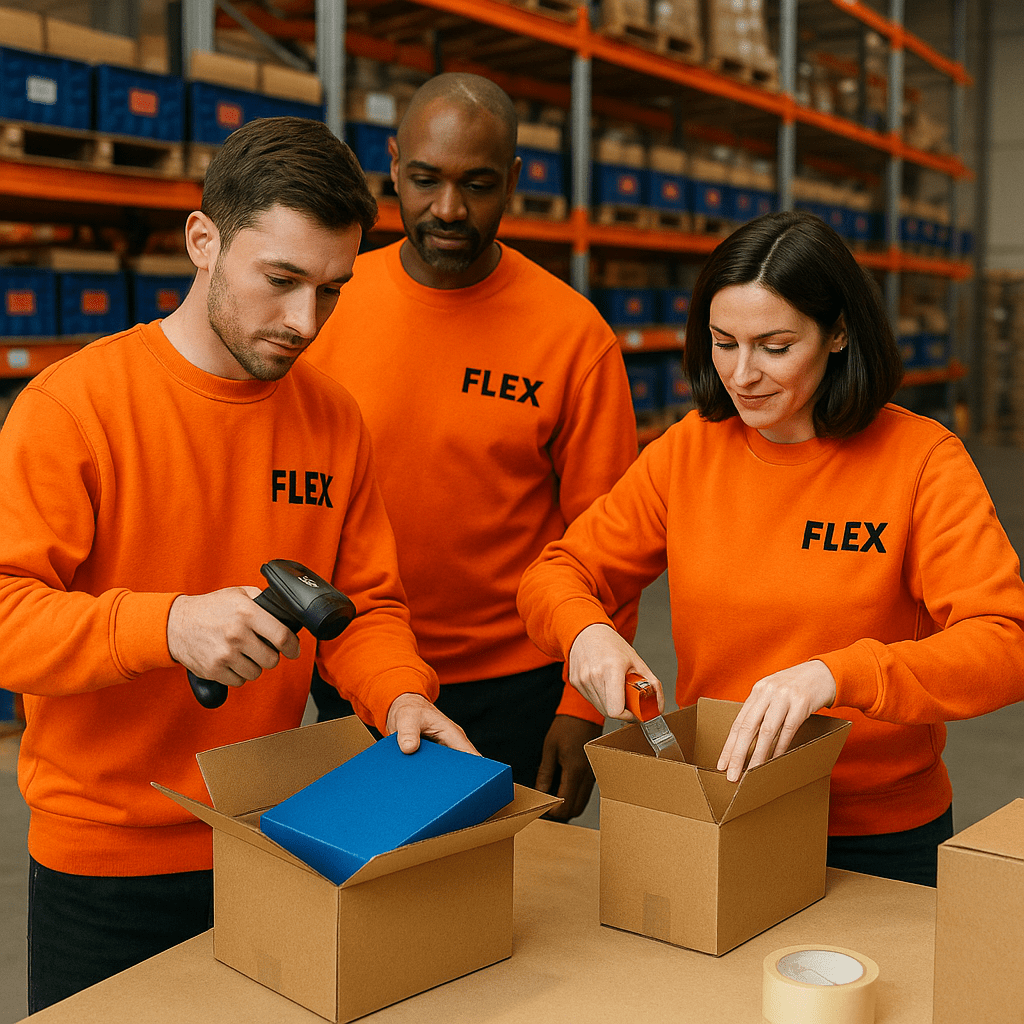 FLEX warehouse employees in orange uniforms with black logos packing boxes and scanning packages.