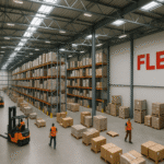 FLEX. employees in orange vests with red FLEX. logo collaborating in a warehouse.