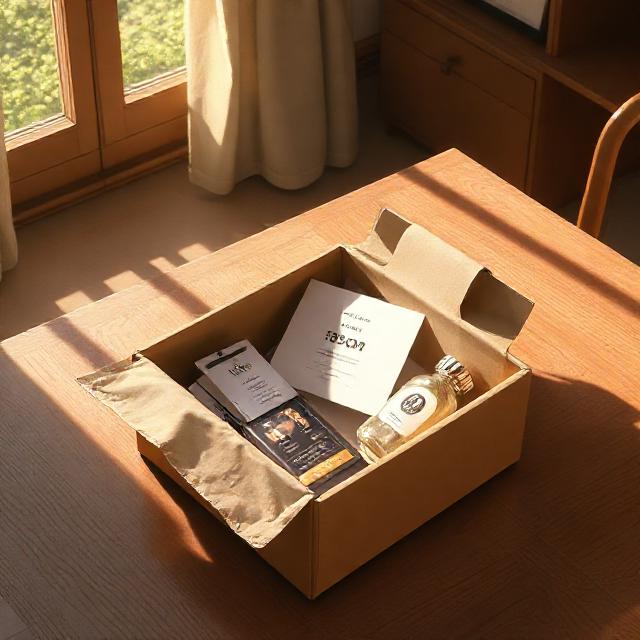 A modern e-commerce package being opened on a clean wooden table, revealing neatly arranged products with a branded thank-you card and discount insert inside. Soft natural light, minimalistic aesthetic, warm and welcoming atmosphere.