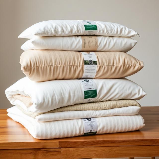 High-quality home textile products (blankets, pillows, and bedding) neatly stacked with eco-friendly packaging on a clean wooden table.