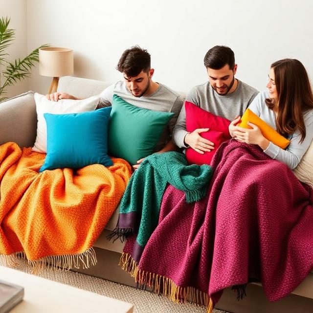 A lifestyle scene showing a family arranging colorful cushions and blankets on a modern sofa, evoking warmth and comfort.