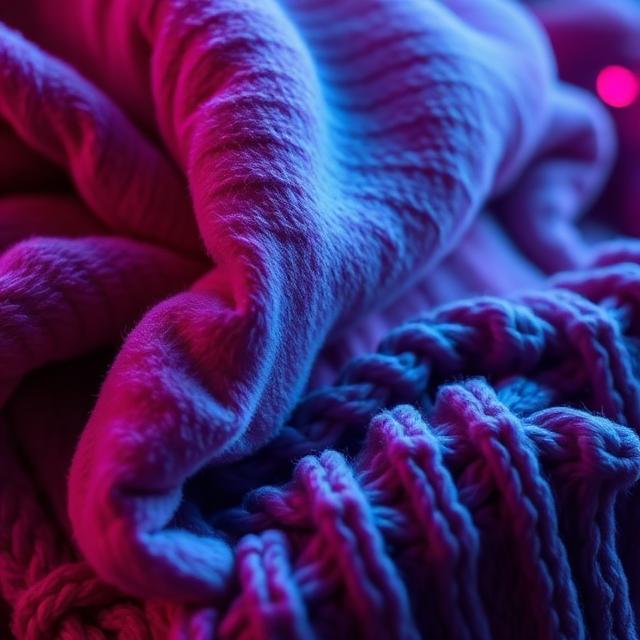 Close-up of luxury velvet and knitted throw blankets, emphasizing texture, softness, and premium quality.