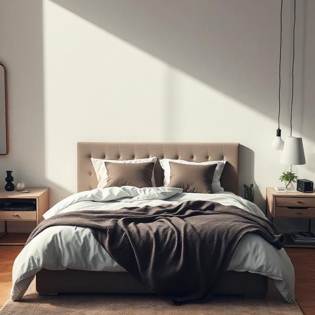 A minimalist bedroom with layered bedding, decorative pillows, and a folded throw blanket at the foot of the bed, sunlight streaming in.