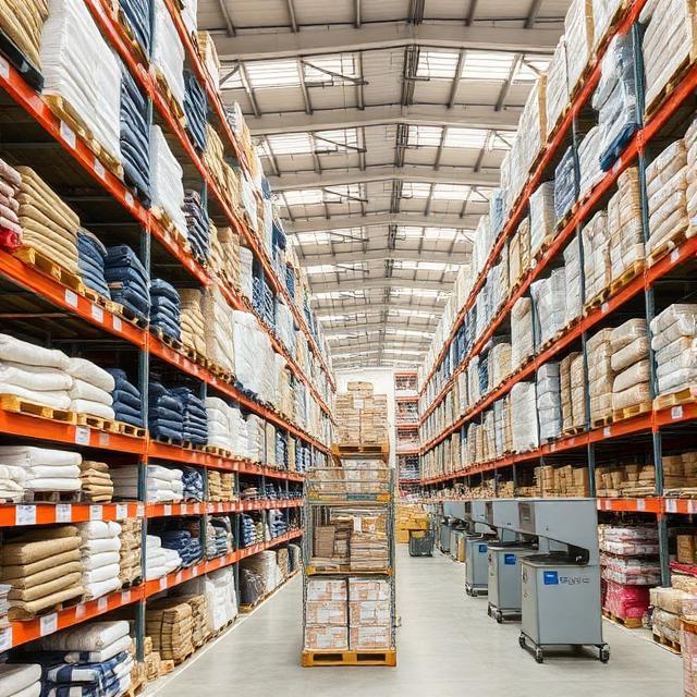 A modern warehouse interior with shelves filled with neatly organized textile products, labeled SKUs, and automated packing stations.