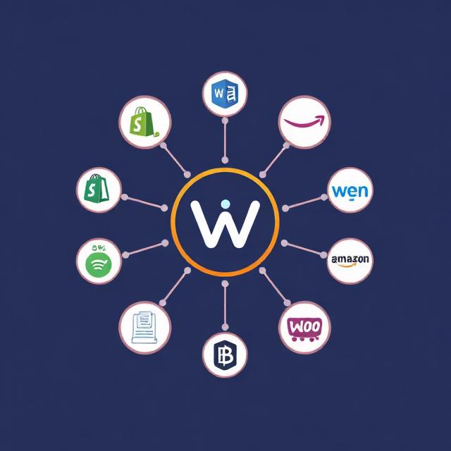 Stylized graphic showing interconnected platforms (Shopify, Amazon, WooCommerce, etc.) syncing into one centralized fulfillment system. Clean lines, tech-inspired aesthetic, nodes and connections.