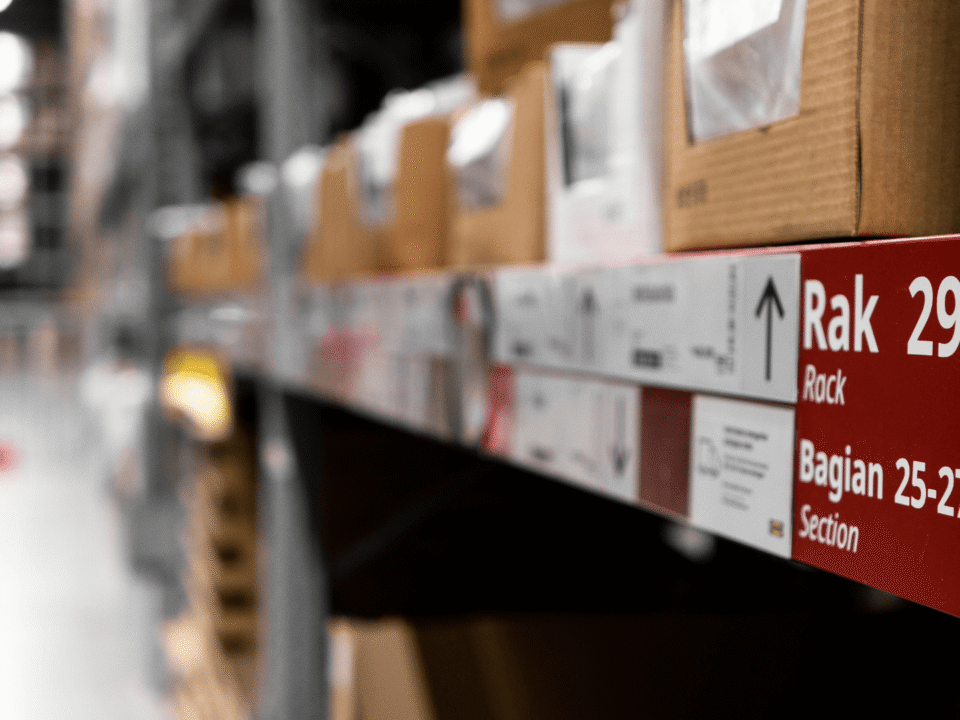 Close-up view of labeled warehouse shelving in a Central-Europe fulfillment center, illustrating organized storage infrastructure for efficient e-commerce logistics.