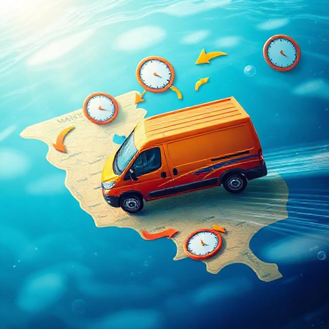 An infographic-style image showing a delivery van speeding along a map with clocks and arrows, symbolizing rapid e-commerce delivery, bright and dynamic colors