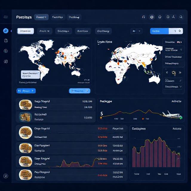 A digital dashboard showing real-time tracking of multiple packages, with maps, progress bars, and notifications, sleek UI design, professional tech style