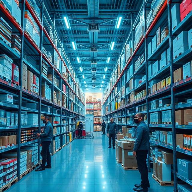 Interior of a modern, high-tech European warehouse with labeled shelves, barcode scanners, and staff managing luxury items, showing efficiency and order, wide-angle realistic perspective