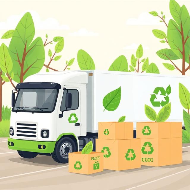 Illustration of green logistics: delivery trucks with leaves on them, packages with recycling symbols, and CO₂ reduction charts, eco-friendly palette