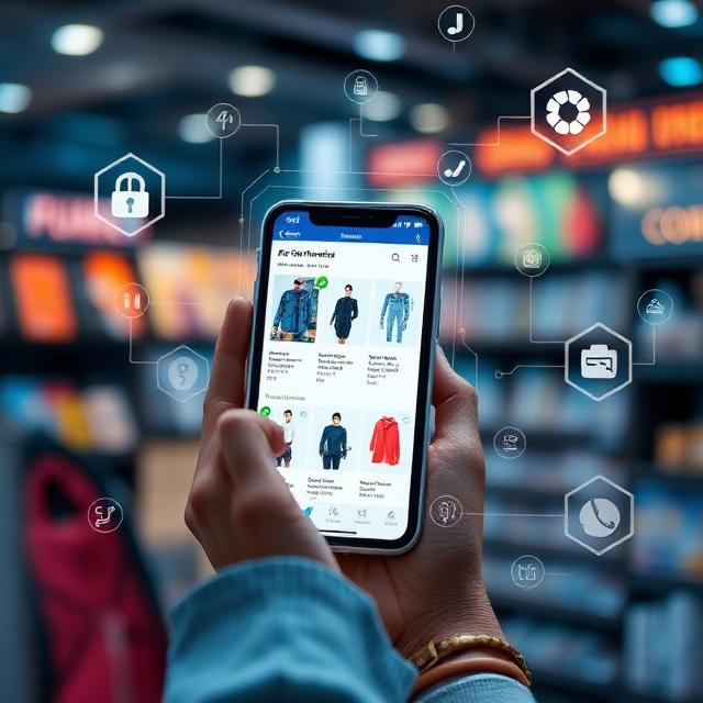 AI-driven e-commerce experience: a shopper receiving personalized product recommendations on mobile, with digital icons and futuristic interface overlays
