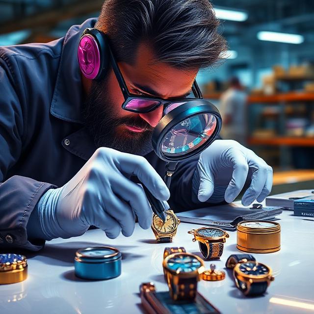 A specialist inspecting returned luxury items, including watches and jewelry, using gloves and magnifying glass, on a clean warehouse table, careful and professional handling, realistic style