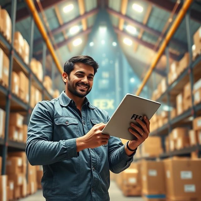 A small business owner happily managing returned packages in a modern warehouse, digital tablet in hand, labeled ‘FLEX Fulfillment