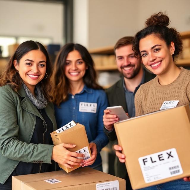 Smiling customers receiving hassle-free returns, with labeled packages and branded FLEX shipping labels