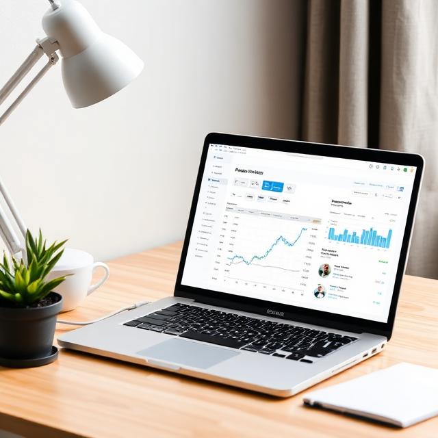 Small business desk with laptop showing FLEX dashboard, tracking returns, charts, and analytics