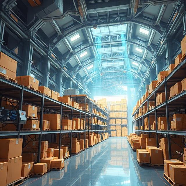 3D illustration of a warehouse with packages being scanned and sorted for returns