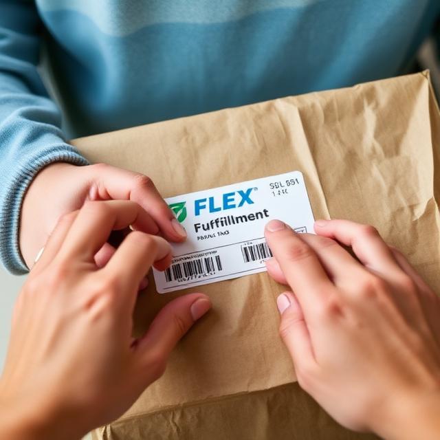 Close-up of hands labeling a return package with FLEX Fulfillment branded shipping label