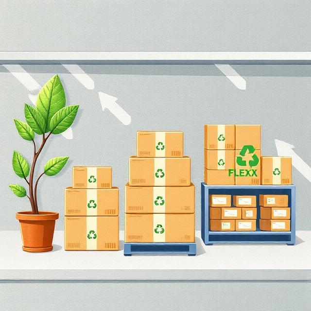 Illustration of an eco-friendly returns process: packages being recycled or restocked efficiently via FLEX