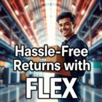 cheerful small business owner holding a returned package, bright modern warehouse in the background, bold text overlay: ‘Hassle-Free Returns with FLEX