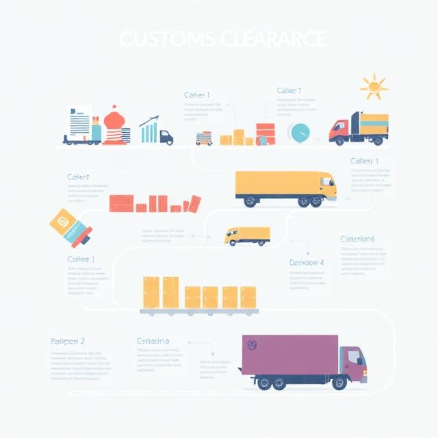 Infographic-style illustration showing step-by-step customs clearance process from documentation to delivery, modern and colorful