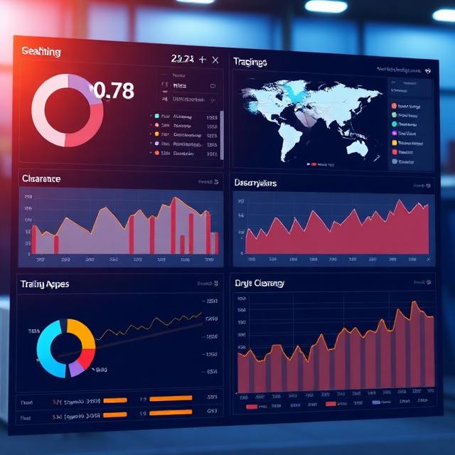 Digital dashboard showing real-time shipment tracking, customs clearance status, predictive analytics for duty optimization, high-tech interface